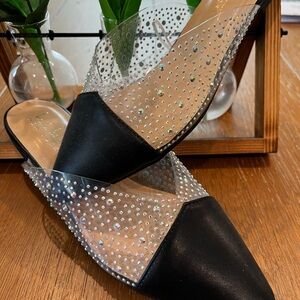 Women’s Black and Clear Rhinestone Slip-On Flats Size 7